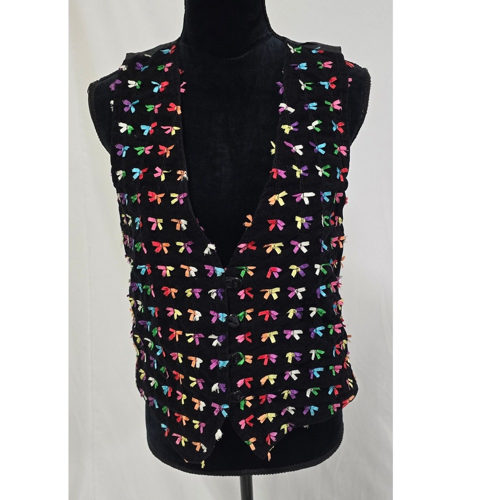 Vtg Santa Fe Duds women black vest multicolors bows whimsical festival hippie